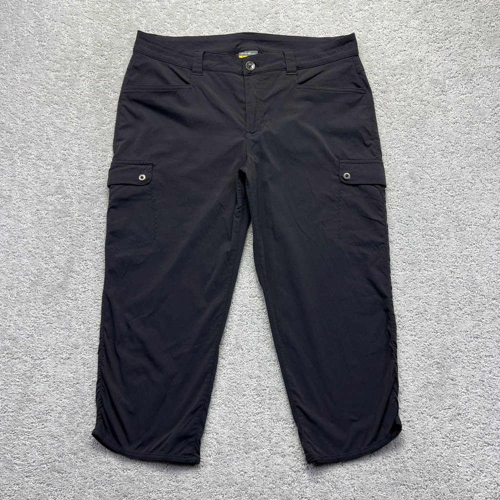 Eddie Bauer Cargo Capri Pants Womens Size 12 Black Horizon Ruched Hiking Outdoor